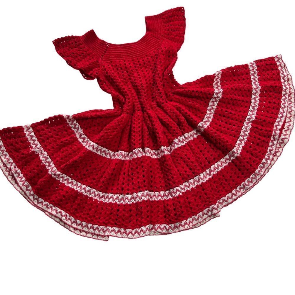 Girls Boho Vintage 1970s Handmade One of a Kind Crocheted Red Pleated Dress